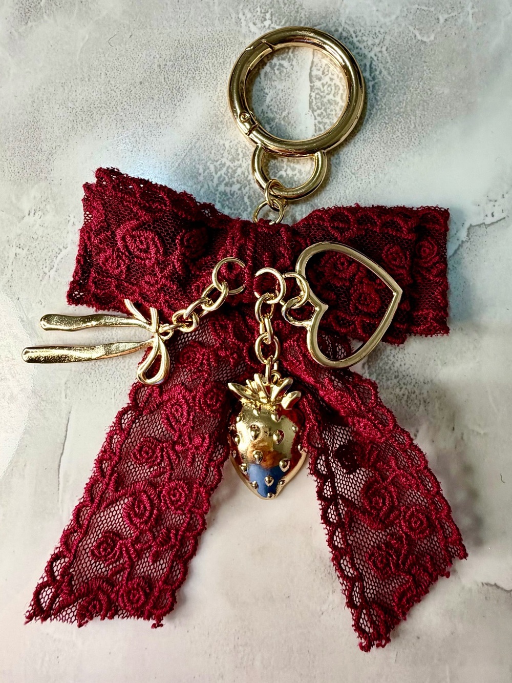 Burgundy Lace Bow Purse Charm Keychain with Gold Hardware